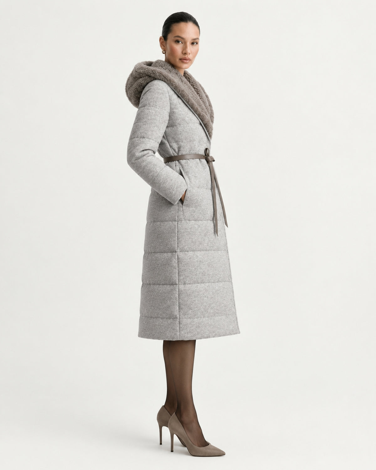 Mid-Length Goose Down Jacket with Mink Hood