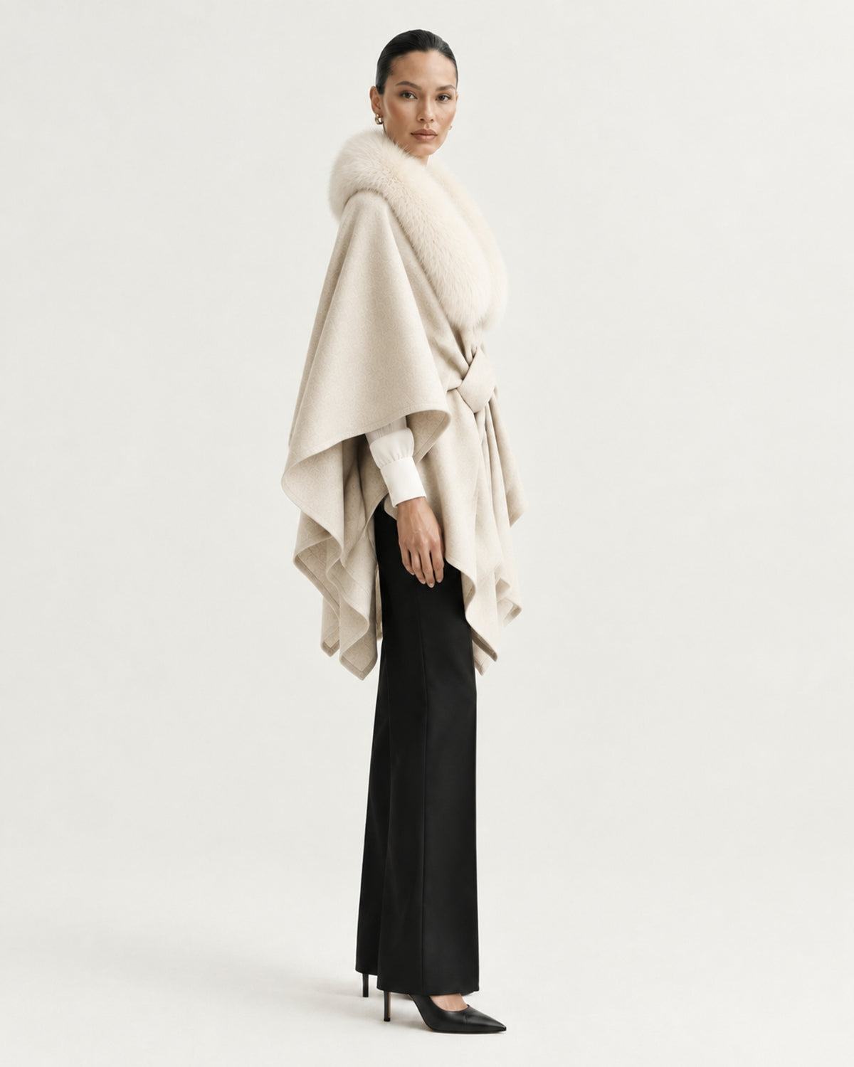 Real Fox Fur Collar Knit Cape Wool Shawl