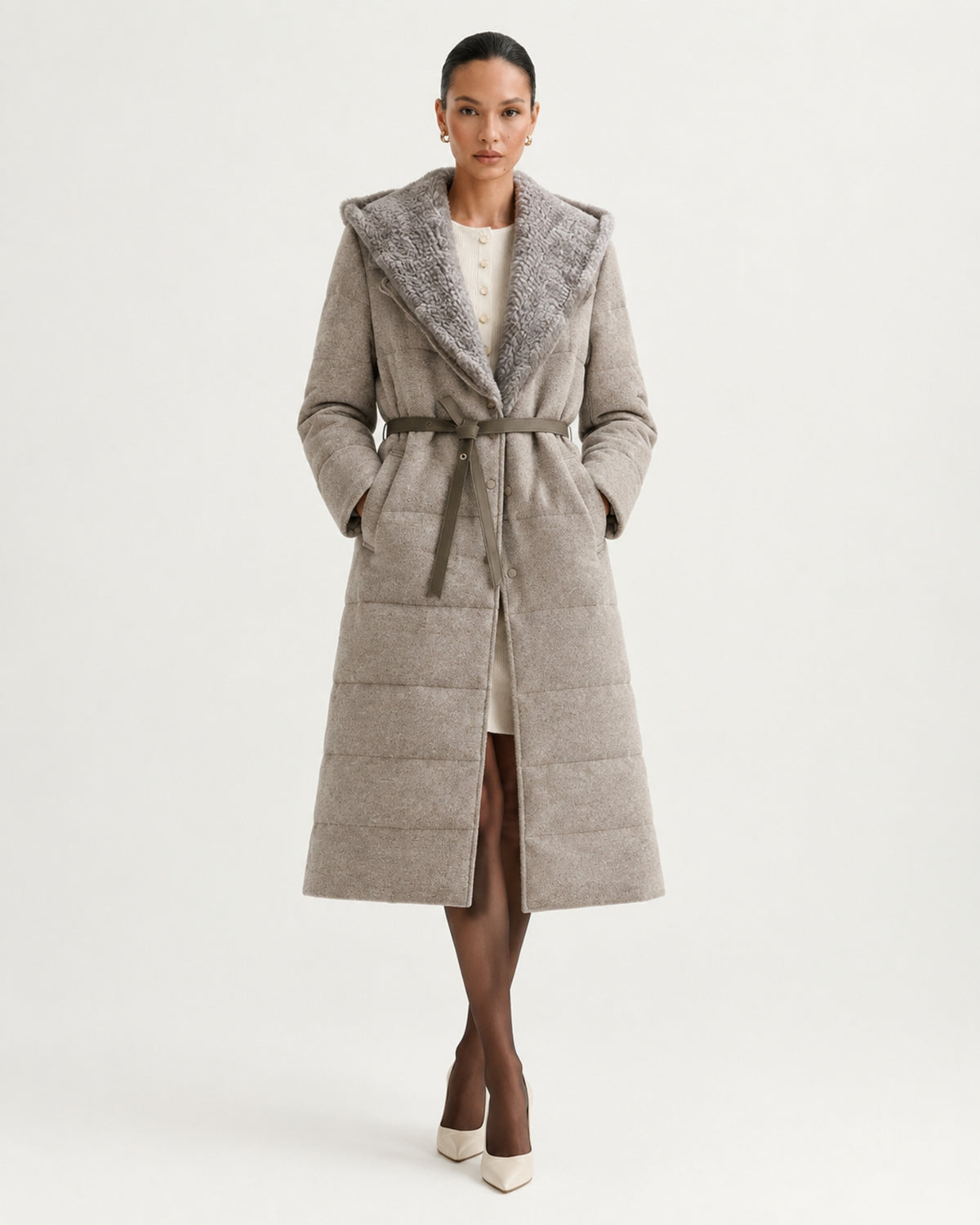 Mid-Length Goose Down Jacket with Mink Hood