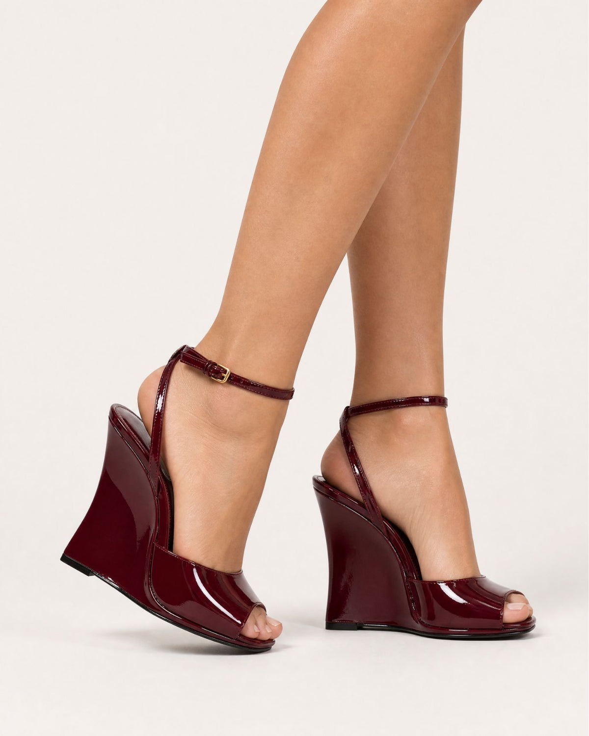 Lovau Strappy Patent Leather Peep-Toe Wedges