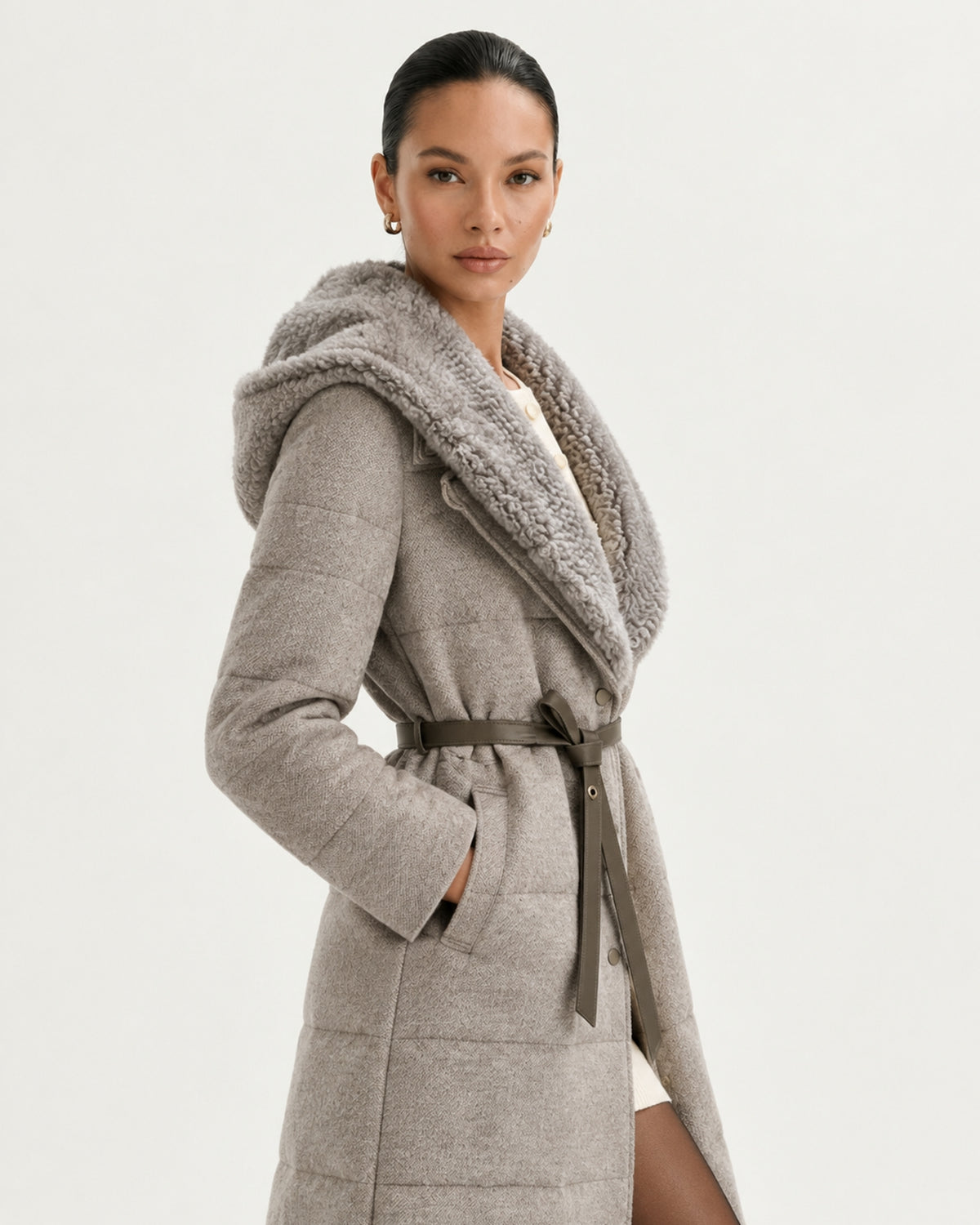 Mid-Length Goose Down Jacket with Mink Hood