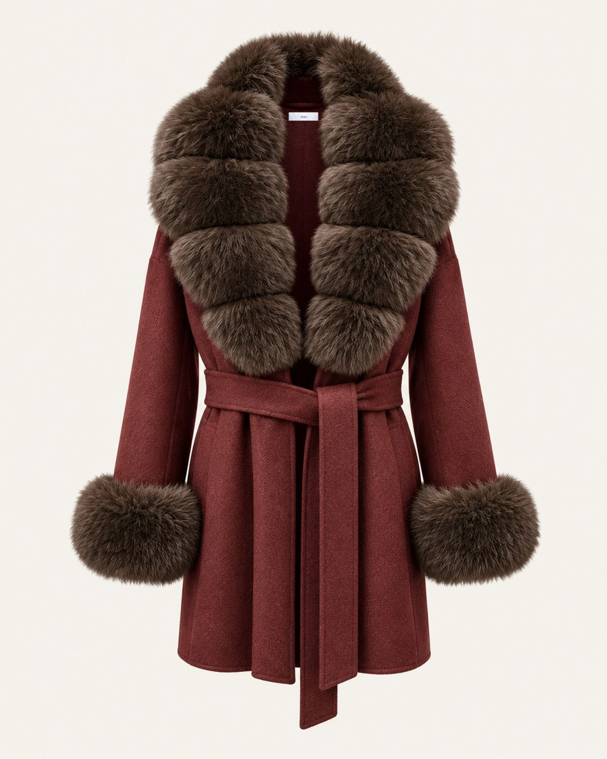 Mira Belted Mid-Length Wool Coat with Fox Fur Collar