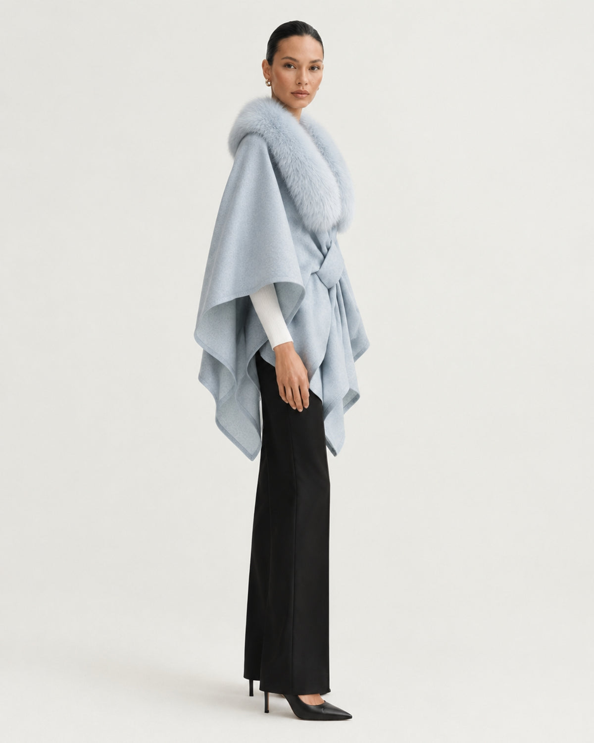 Real Fox Fur Collar Knit Cape Wool Shawl