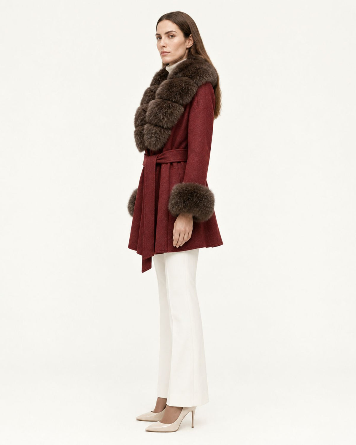Mira Belted Mid-Length Wool Coat with Fox Fur Collar