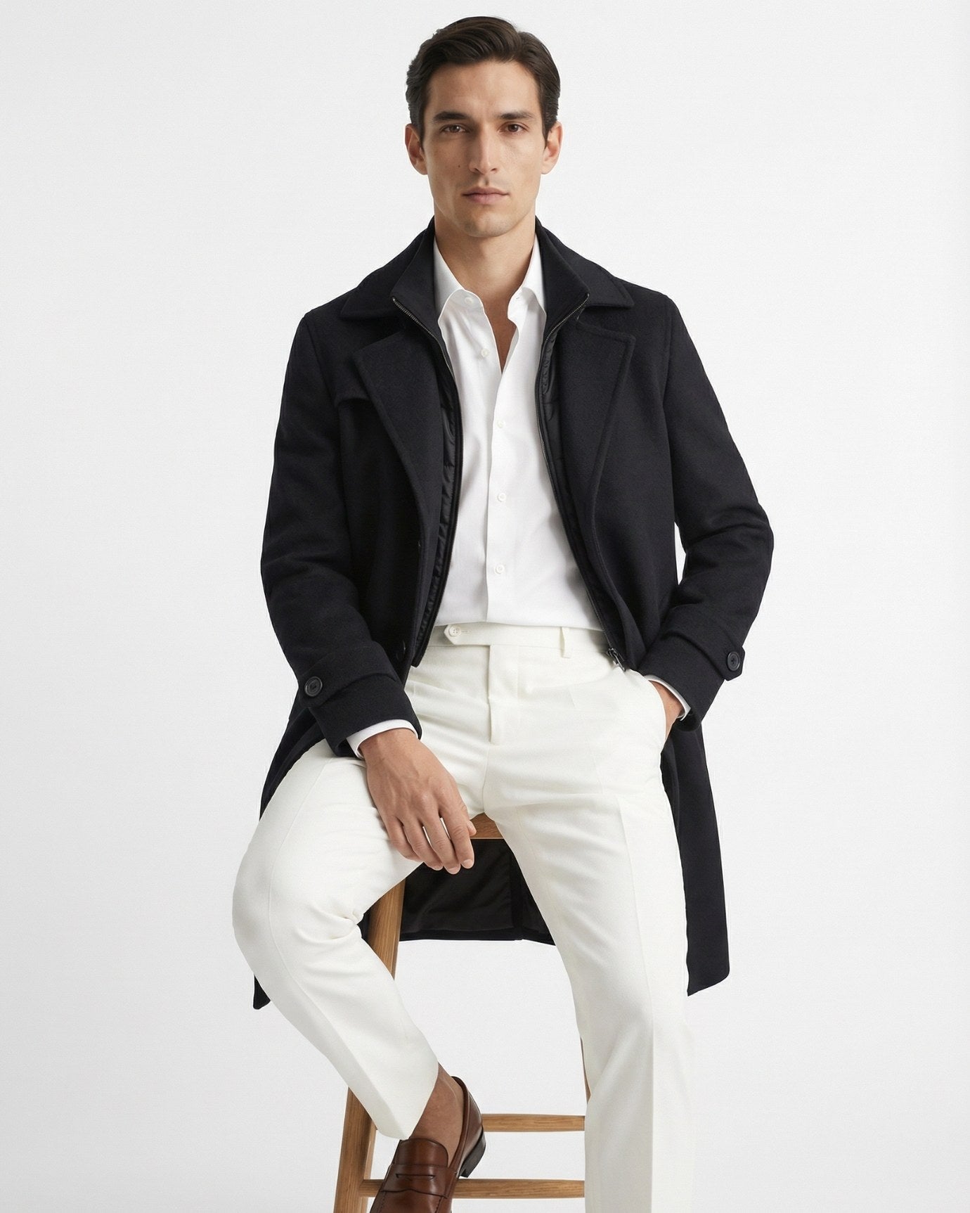 Mid-Length Wool Windbreaker with Removable Liner Coat