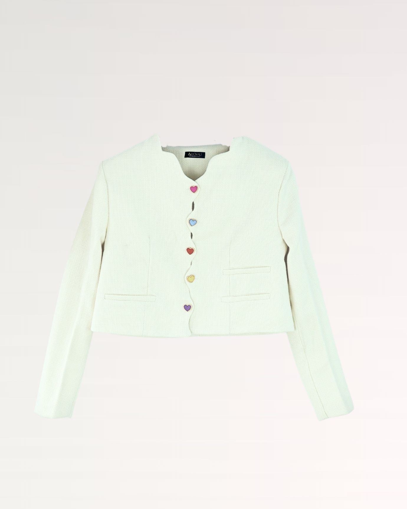 Lovau Heart Round Jacket angled to showcase unique heart design and fabric drape