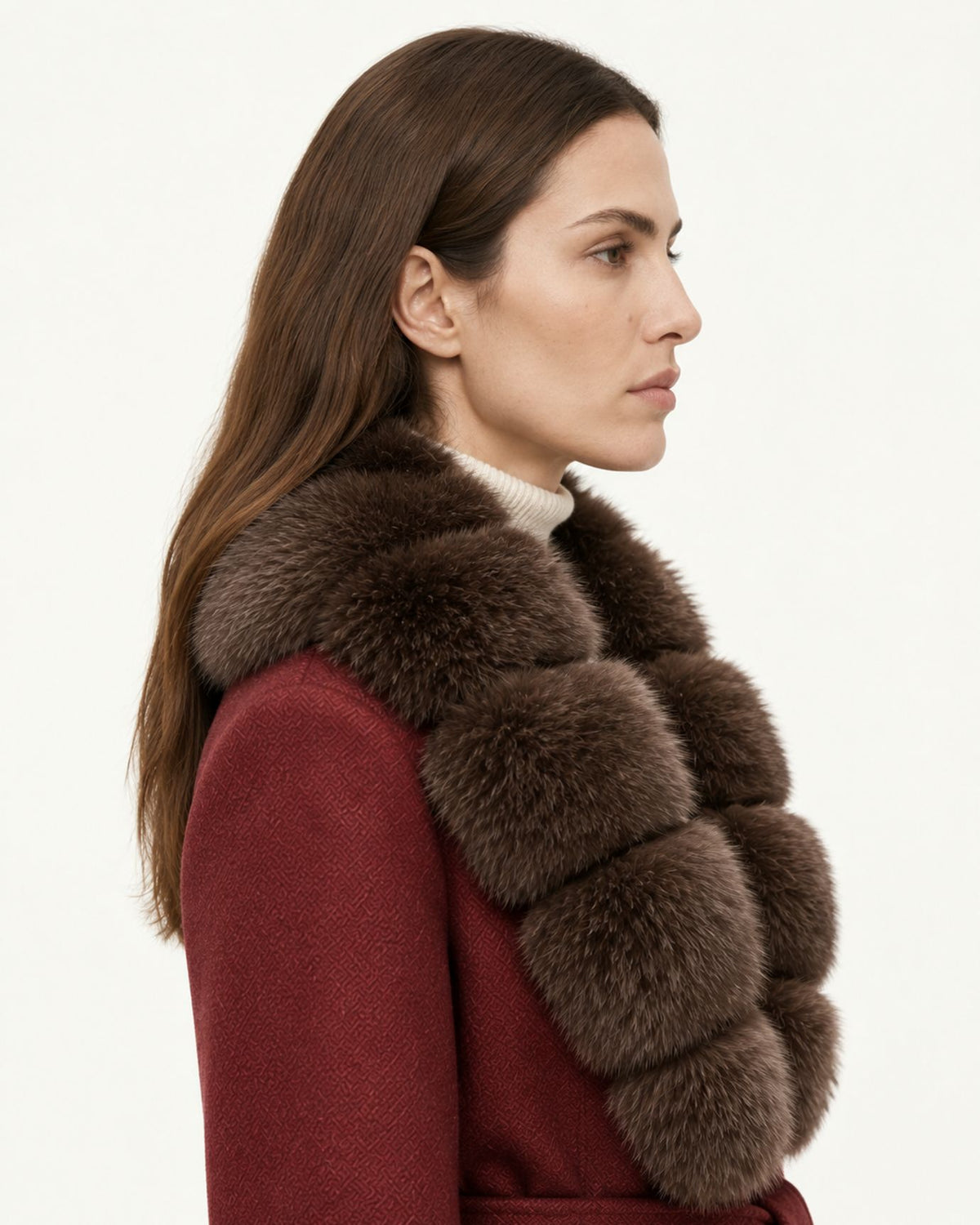 Mira Belted Mid-Length Wool Coat with Fox Fur Collar