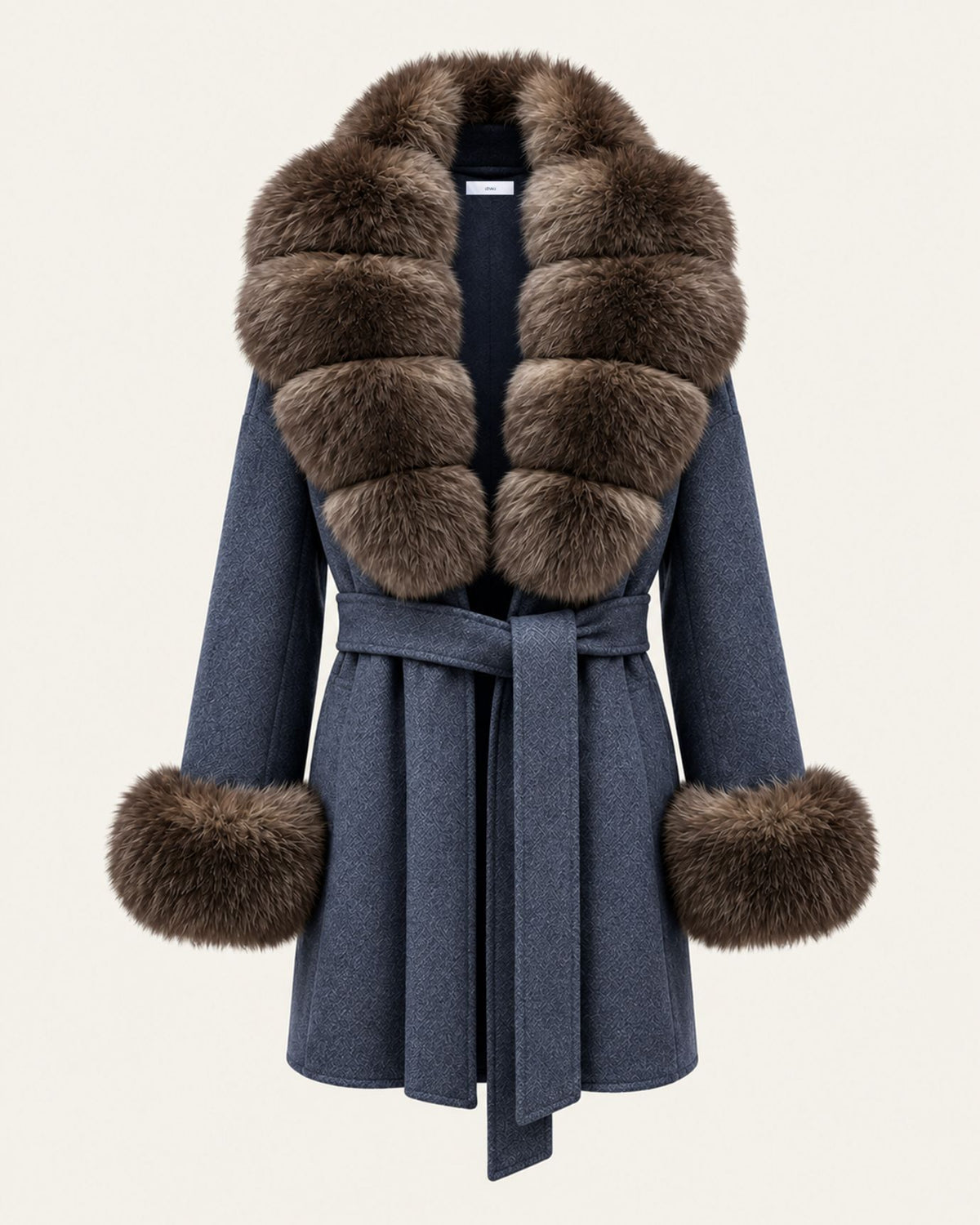 Mira Belted Mid-Length Wool Coat with Fox Fur Collar