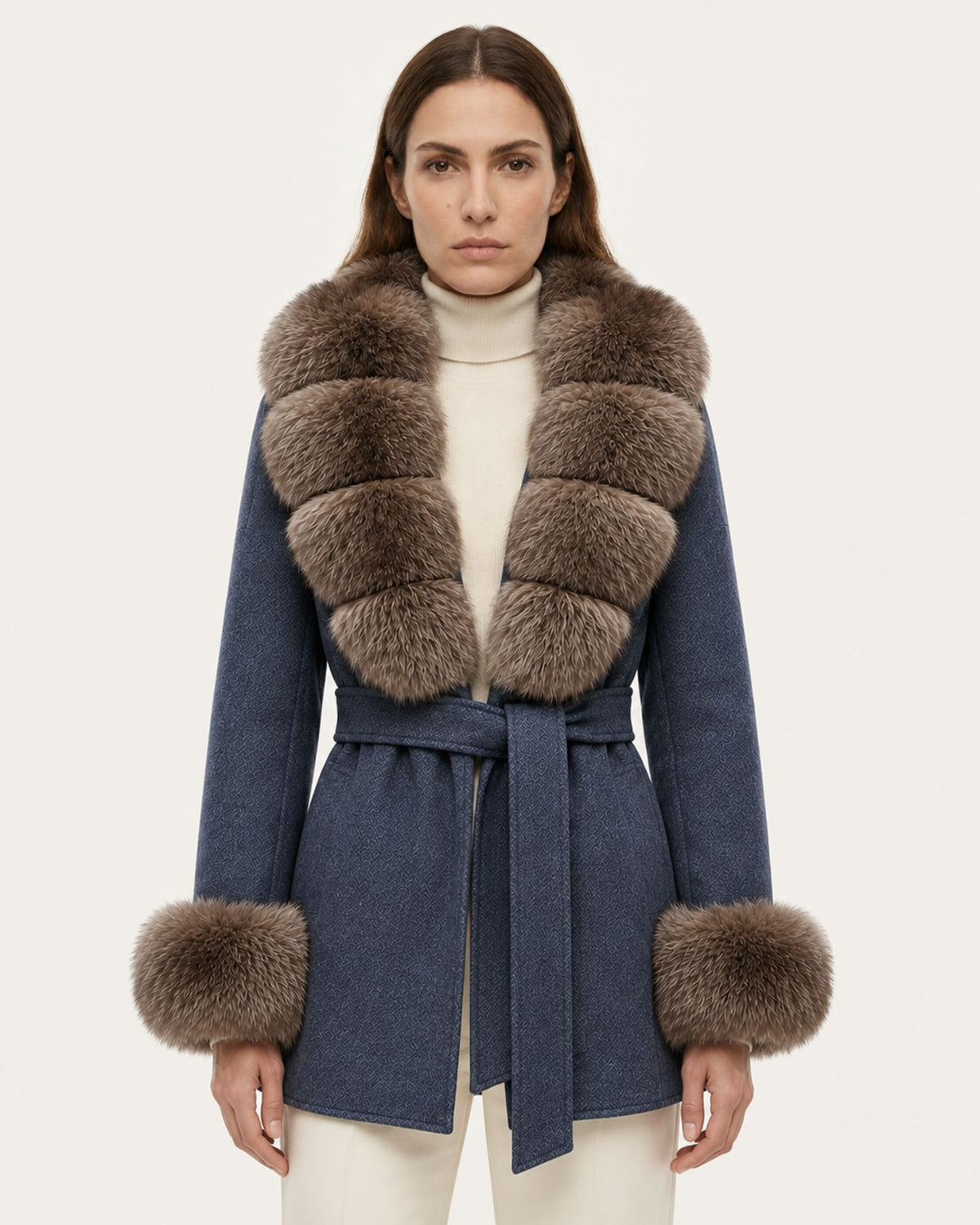 Mira Belted Mid-Length Wool Coat with Fox Fur Collar