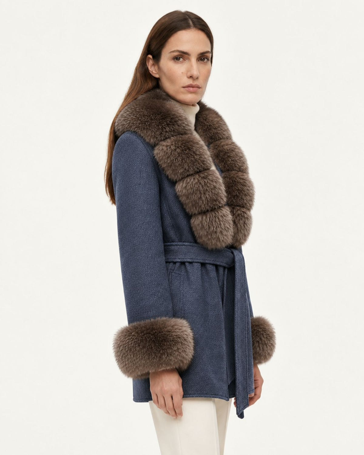 Mira Belted Mid-Length Wool Coat with Fox Fur Collar