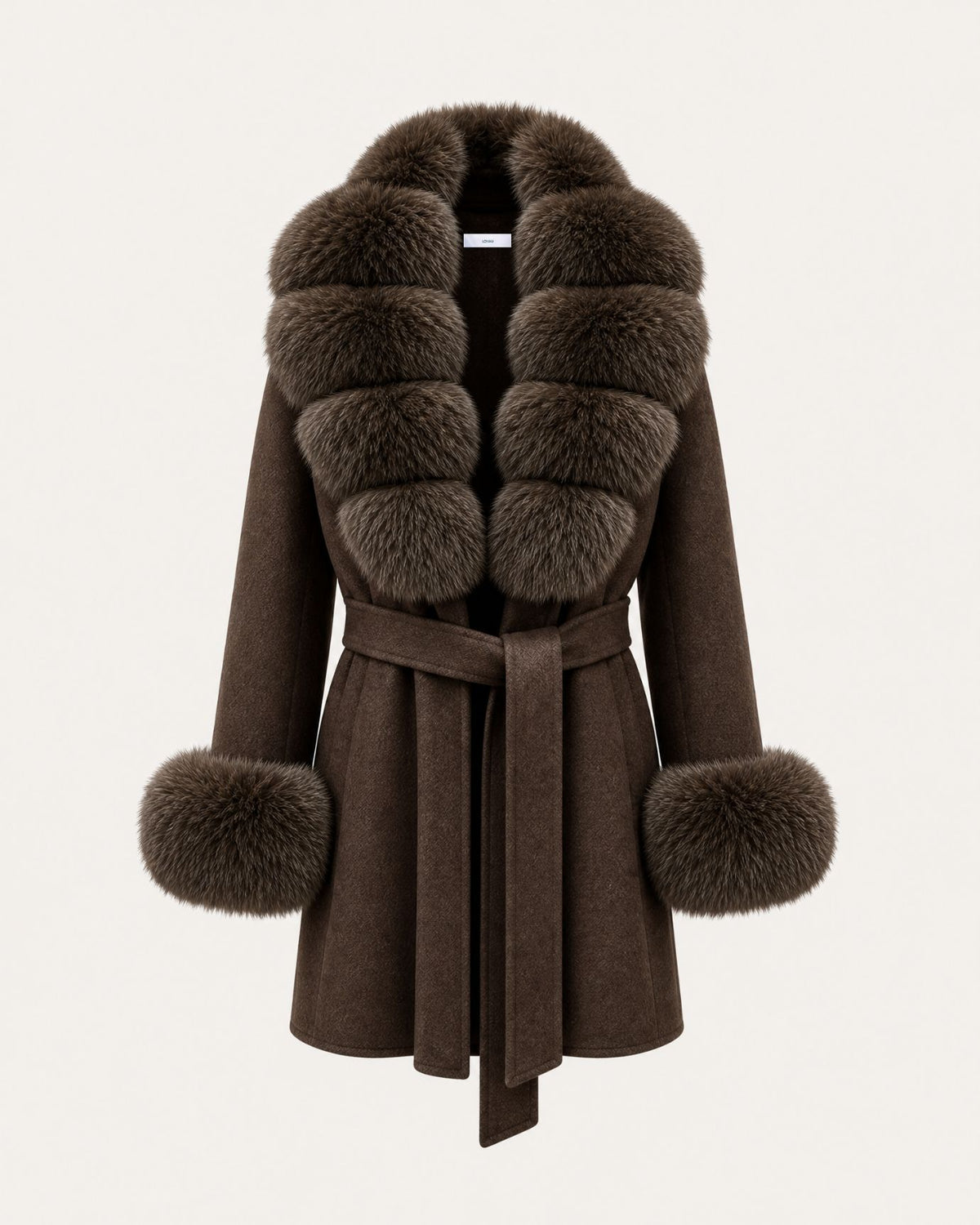 Mira Belted Mid-Length Wool Coat with Fox Fur Collar