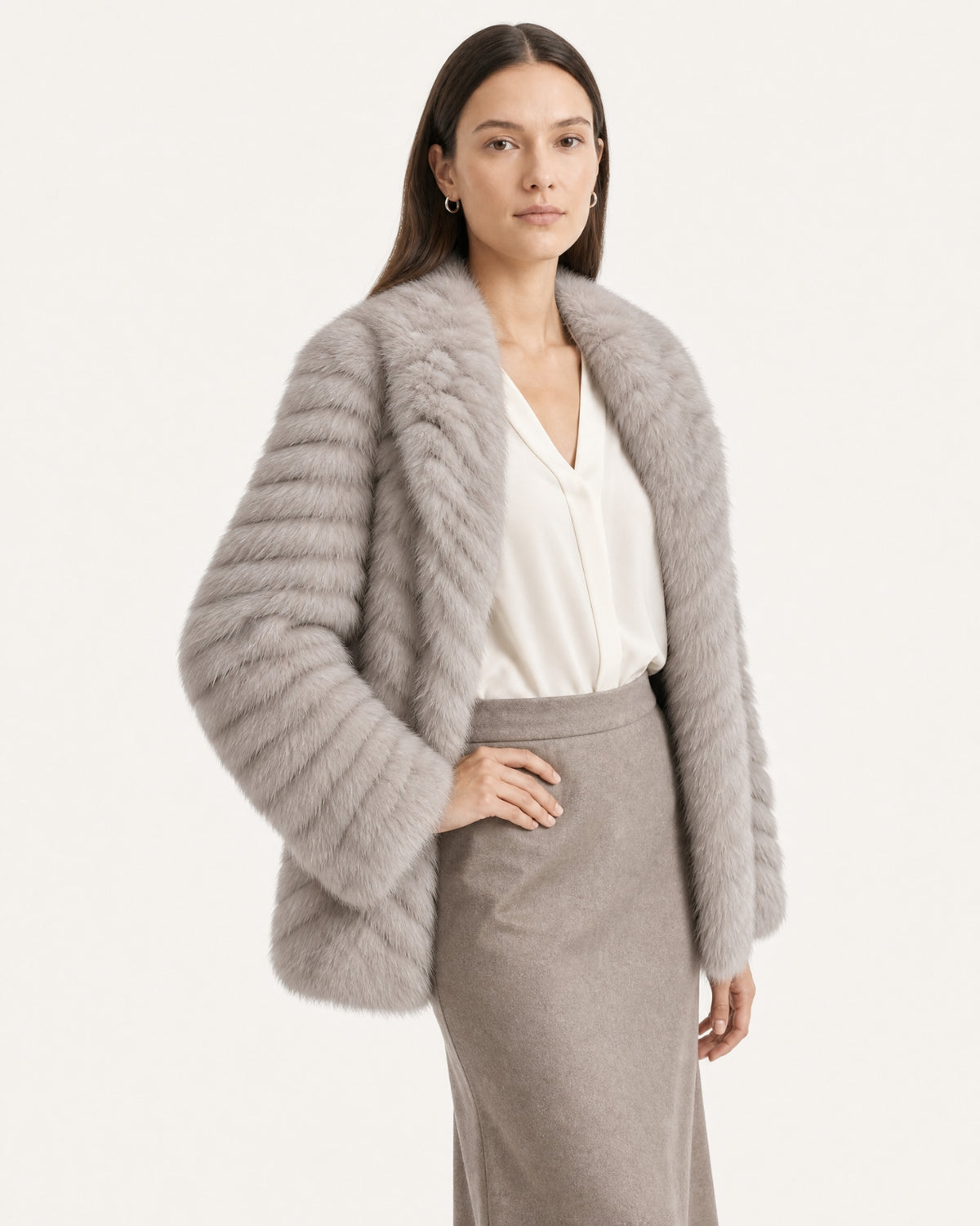 V-Neck Short Striped Fox Fur Jacket
