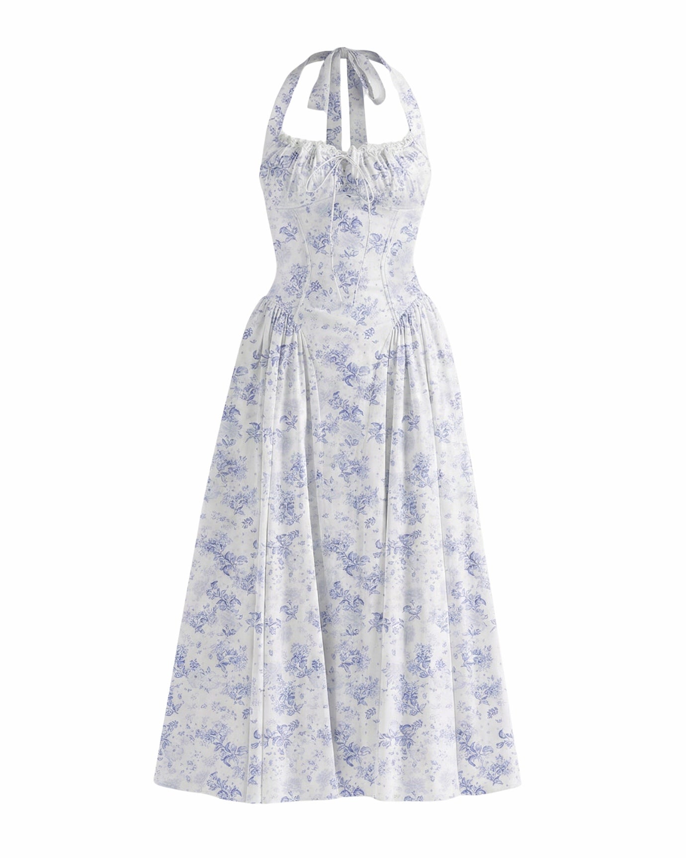 Halter Santorini Dress, Blue Flowers on White / S