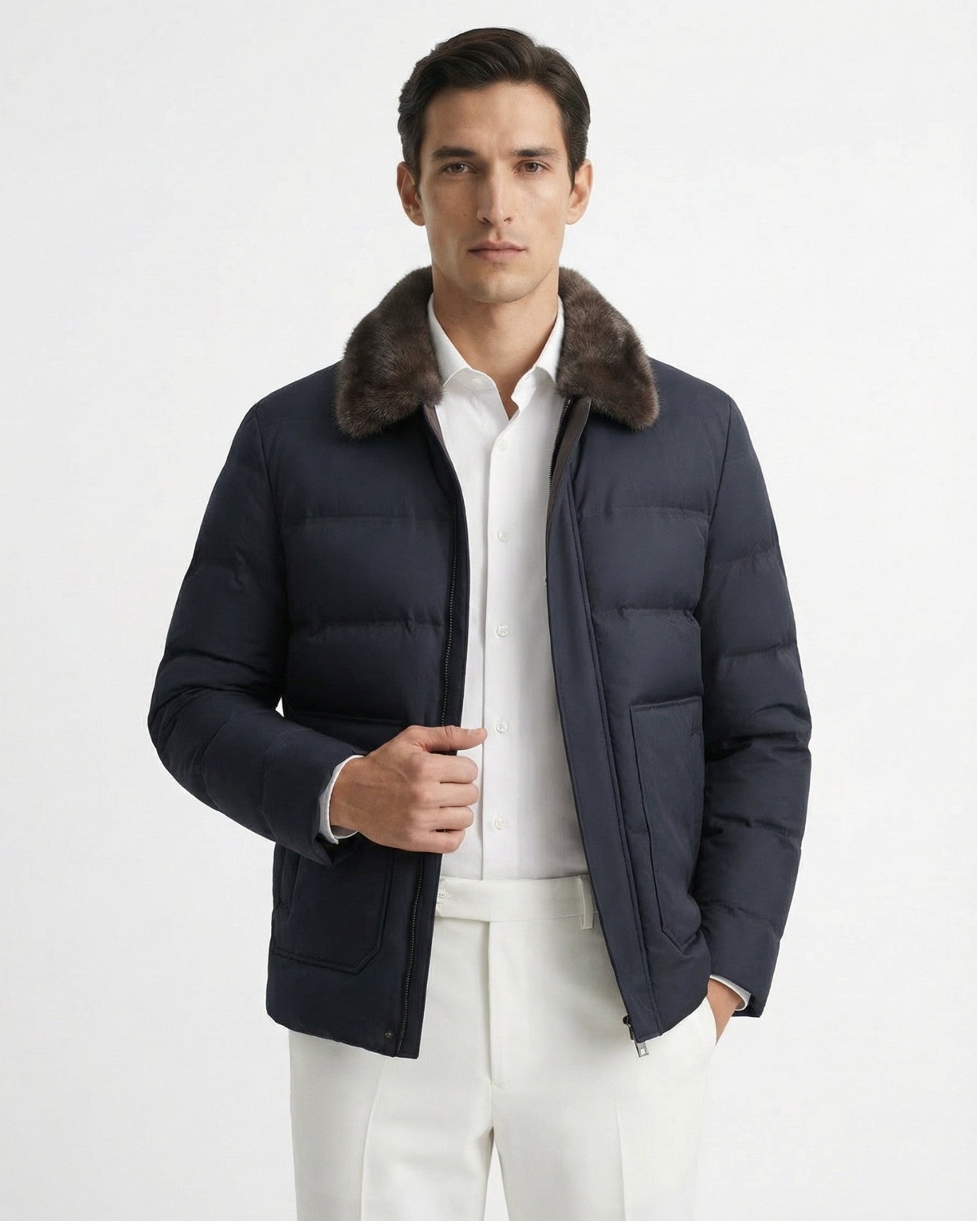 High-End Jacket with Mink Fur Collar & Detachable Rabbit Fur Liner