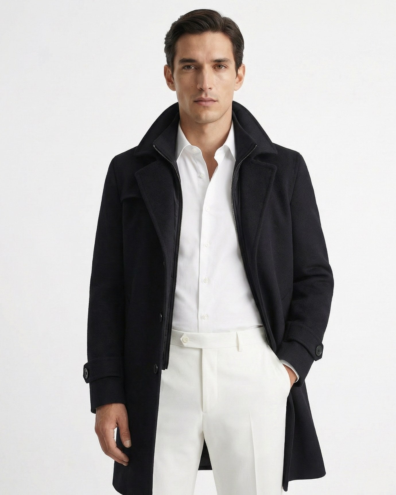 Mid-Length Wool Windbreaker with Removable Liner Coat