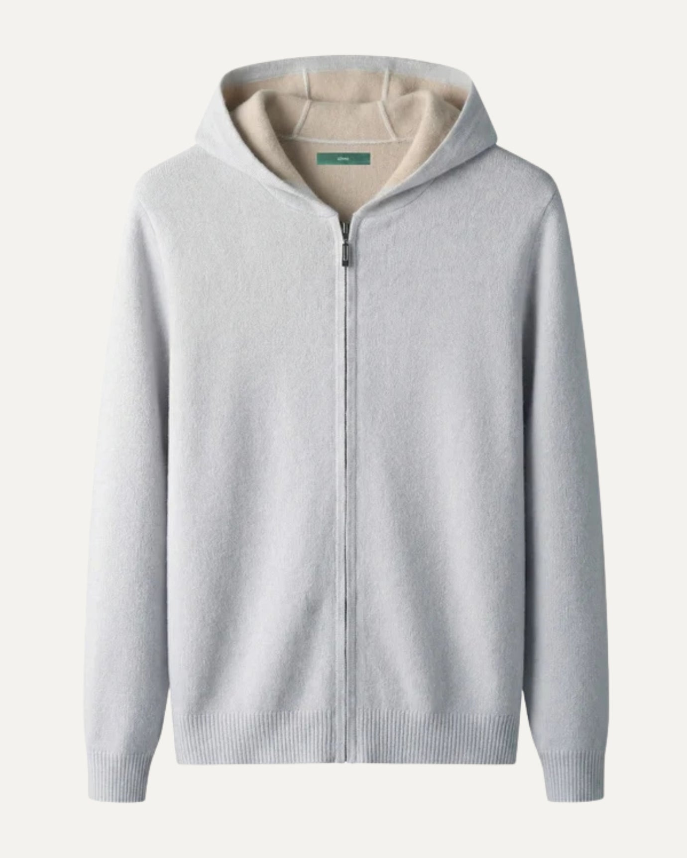 Cashmere zipper hoodie cardigan in soft neutral, luxe old money knit with hood detail