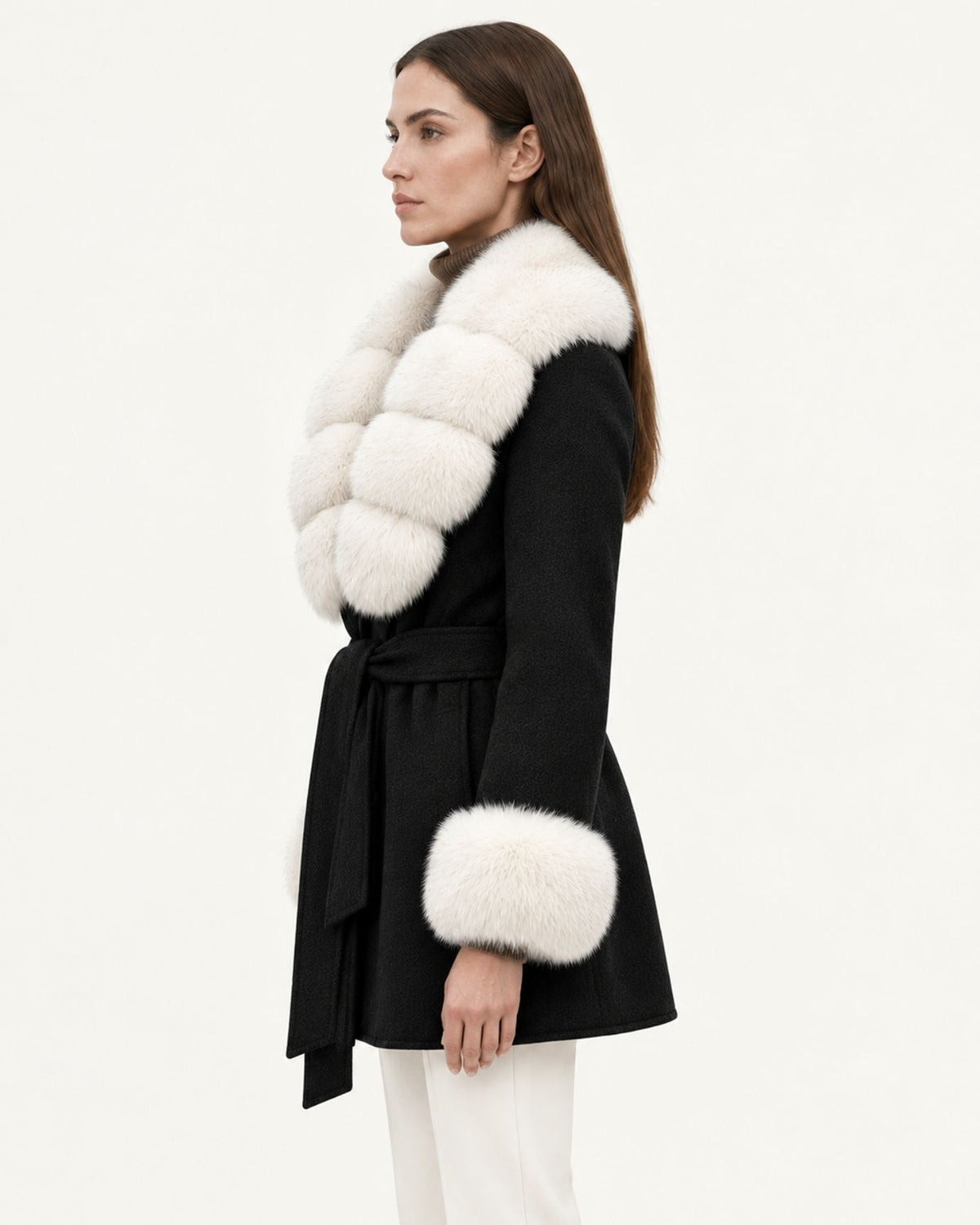 Mira Belted Mid-Length Wool Coat with Fox Fur Collar