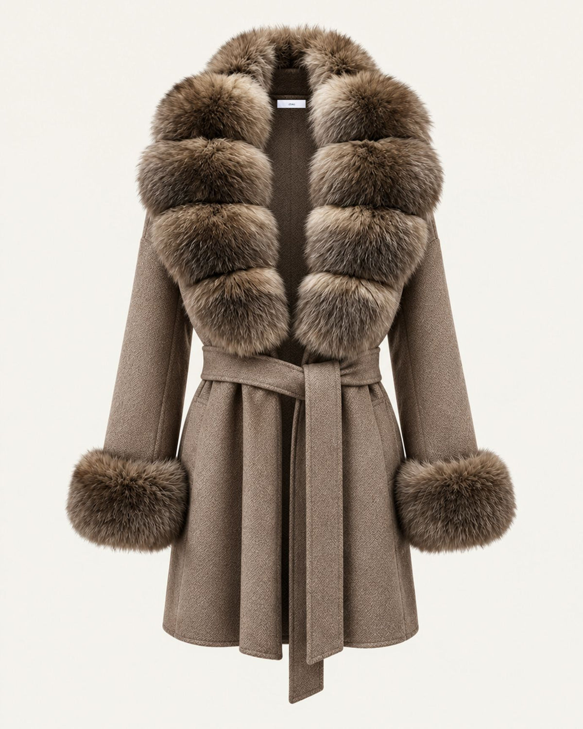 Mira Belted Mid-Length Wool Coat with Fox Fur Collar
