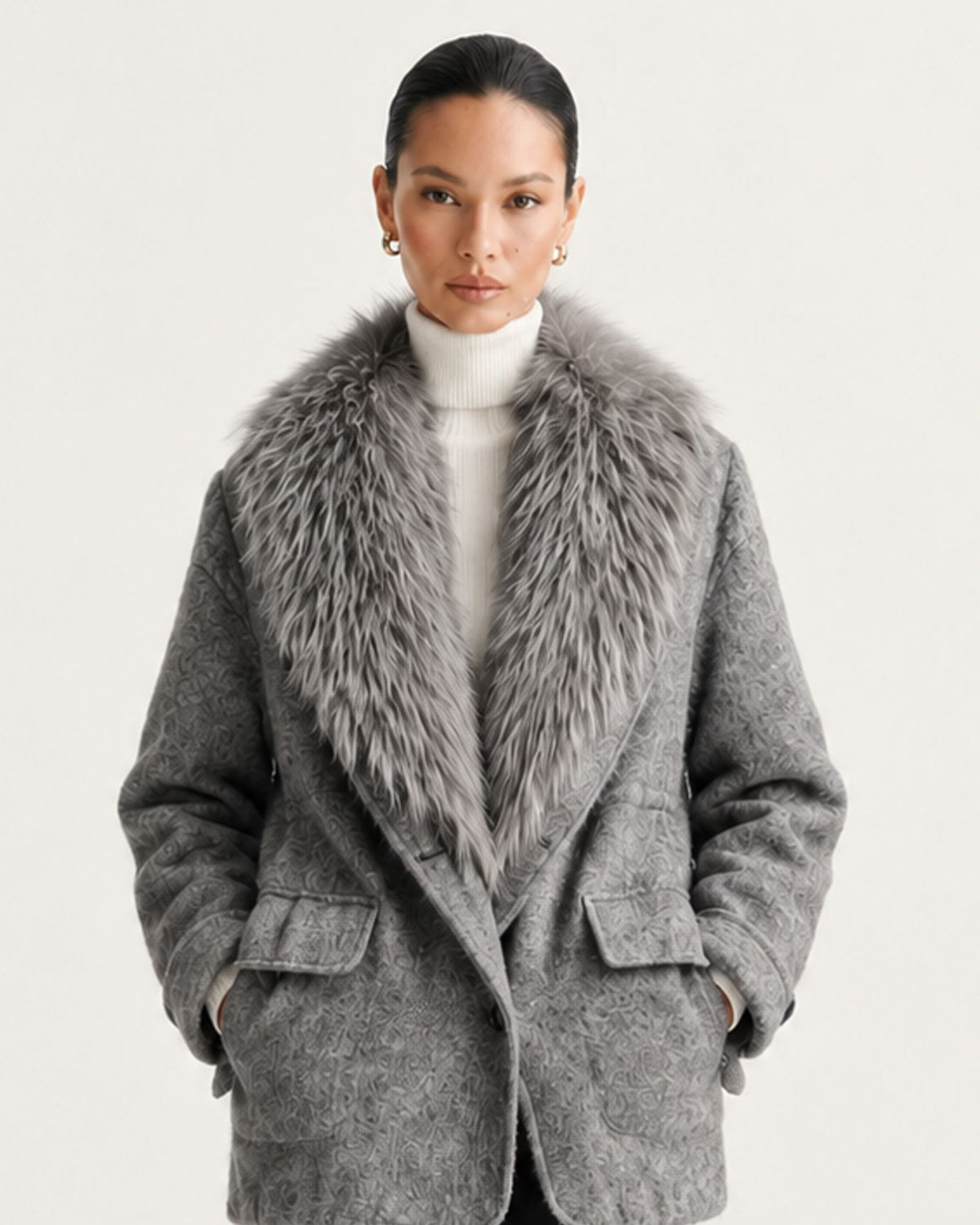 Wool Goose Down Coat with Natural Raccoon Fur Collar