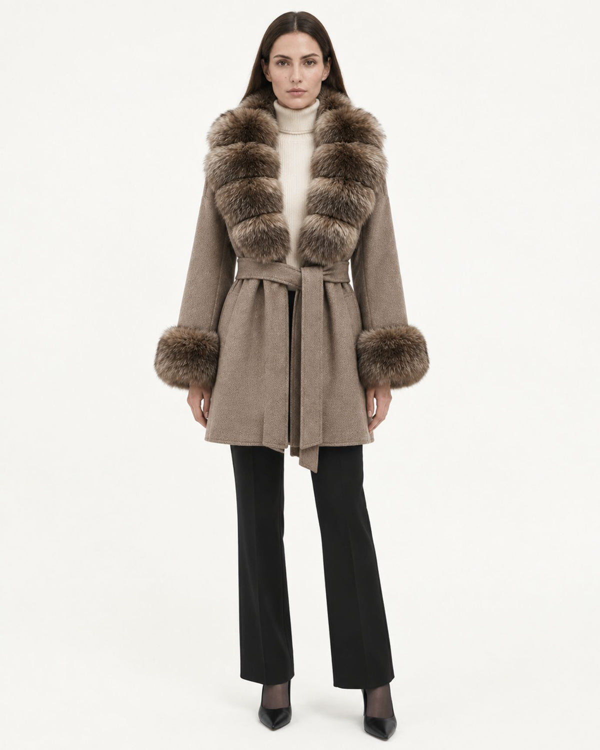 Mira Belted Mid-Length Wool Coat with Fox Fur Collar