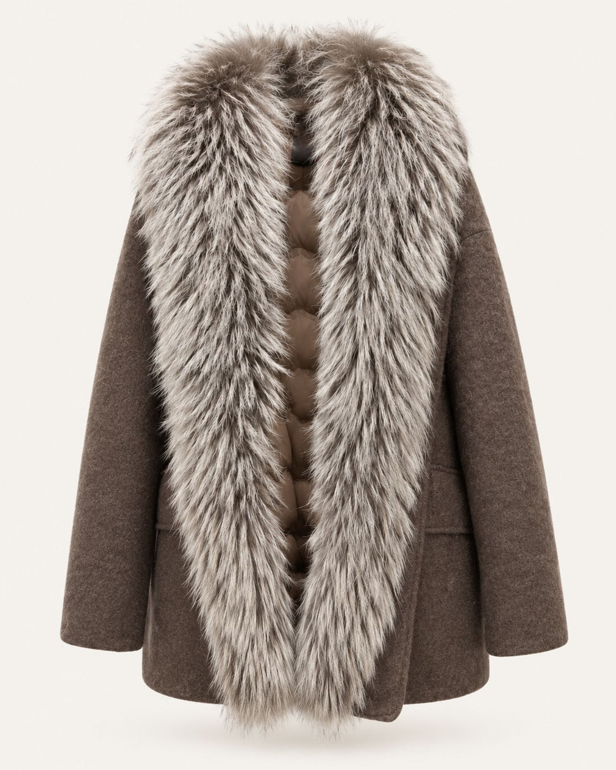 Wool Goose Down Coat with Natural Raccoon Fur Collar