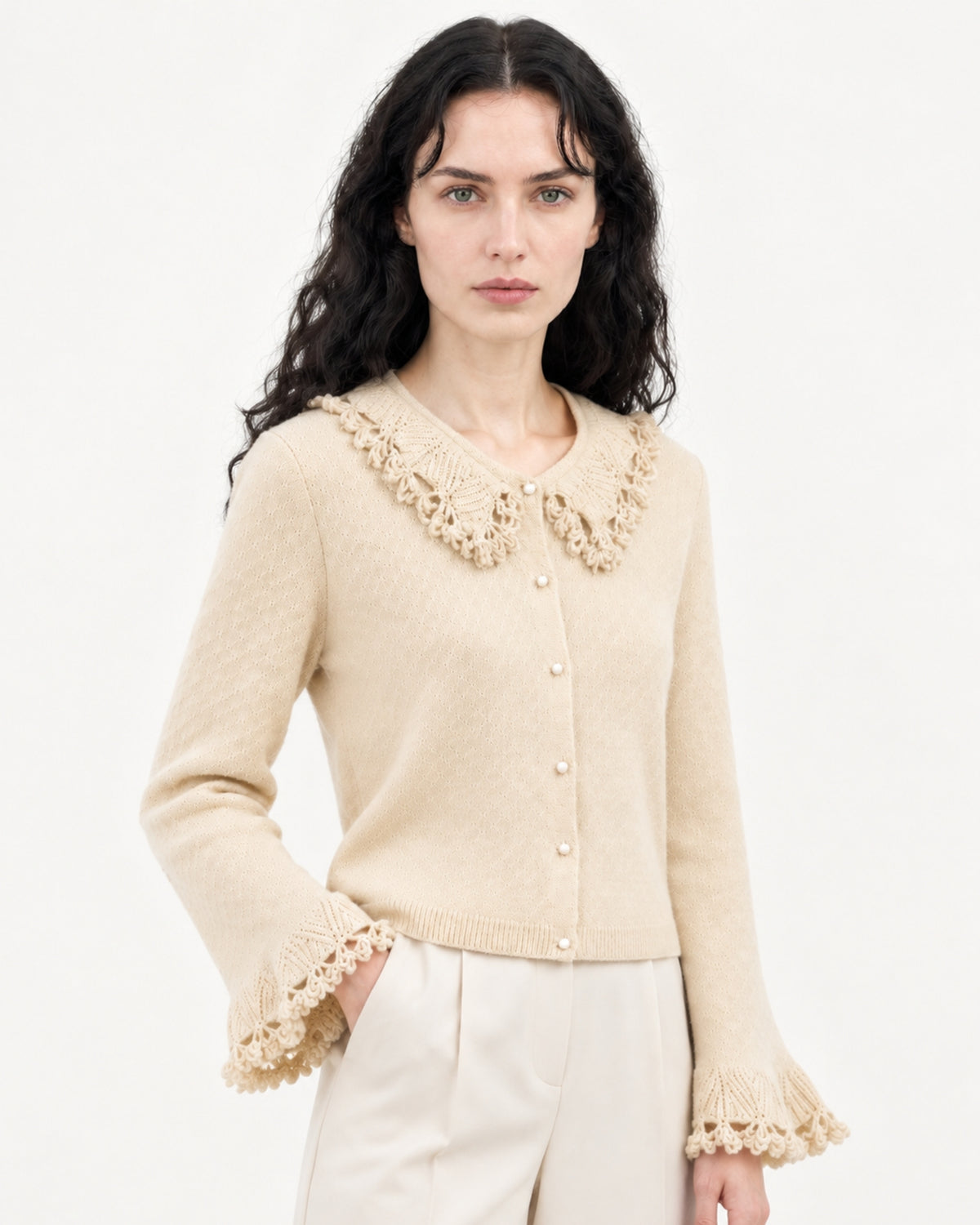 Cashmere Crochet Collar Sweater Cardigan