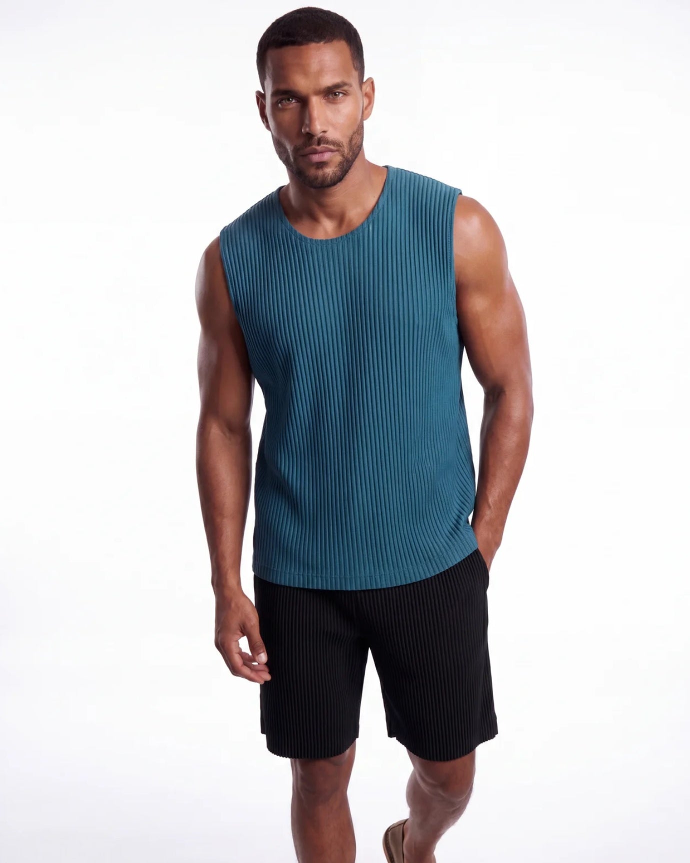 High-End Pleated Nuba Blue Vest T-shirt