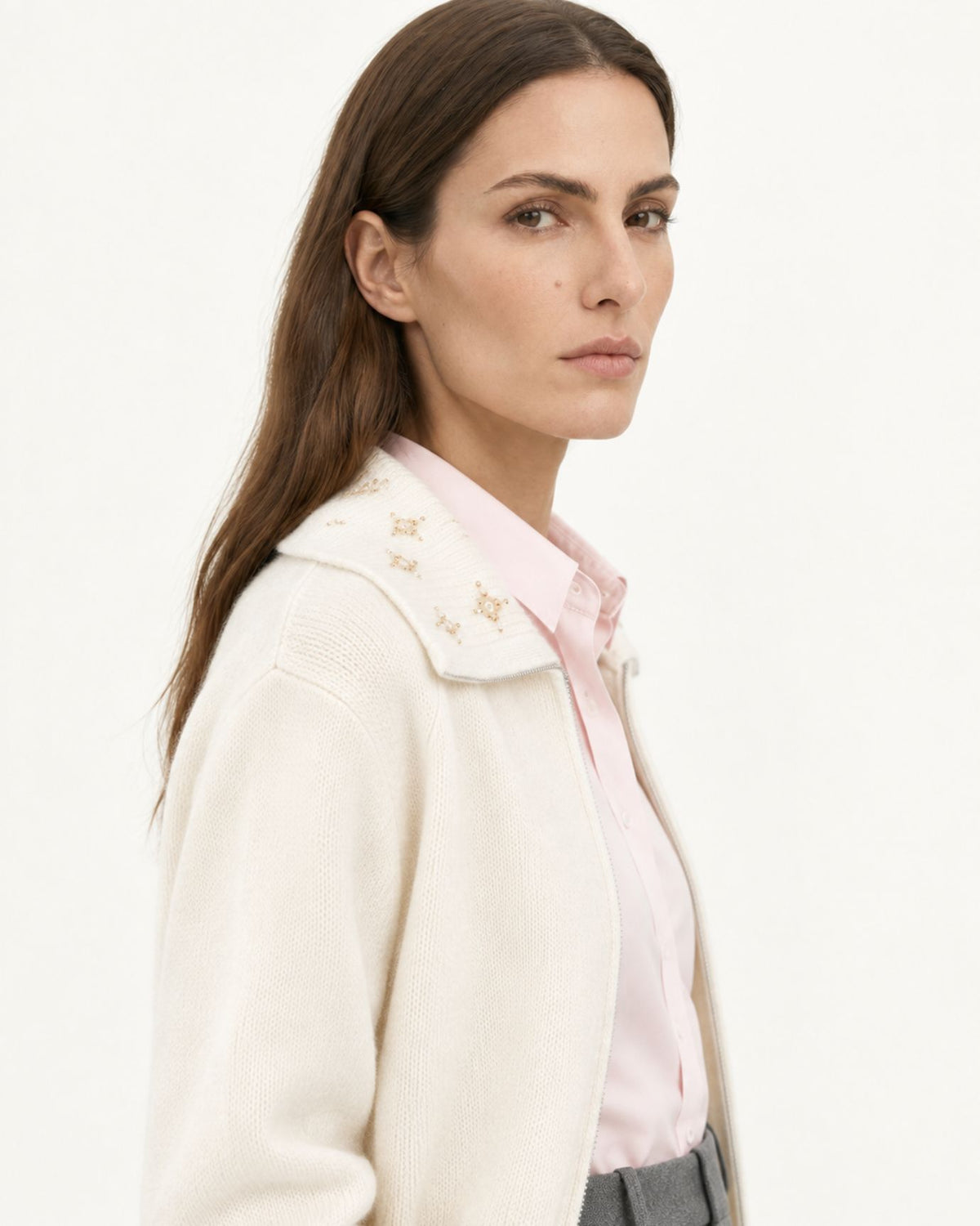Lina Beaded and Embroidered 100% Cashmere Zip Cardigan