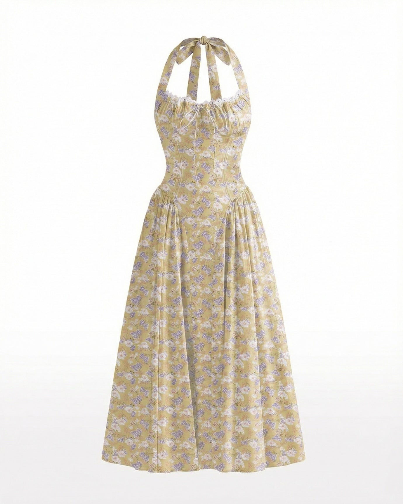 Vestido Santorini con cuello halter y flores moradas y blancas