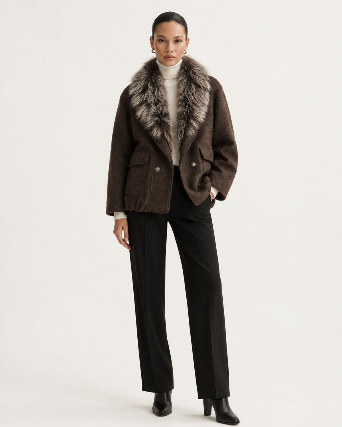 Wool Goose Down Coat with Natural Raccoon Fur Collar