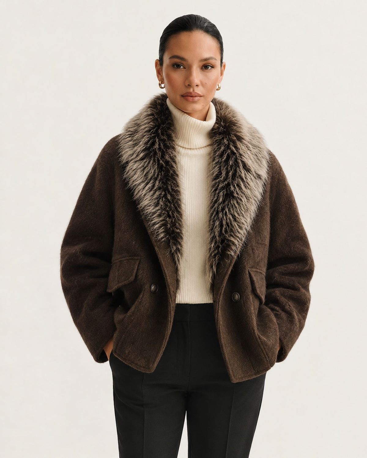 Wool Goose Down Coat with Natural Raccoon Fur Collar