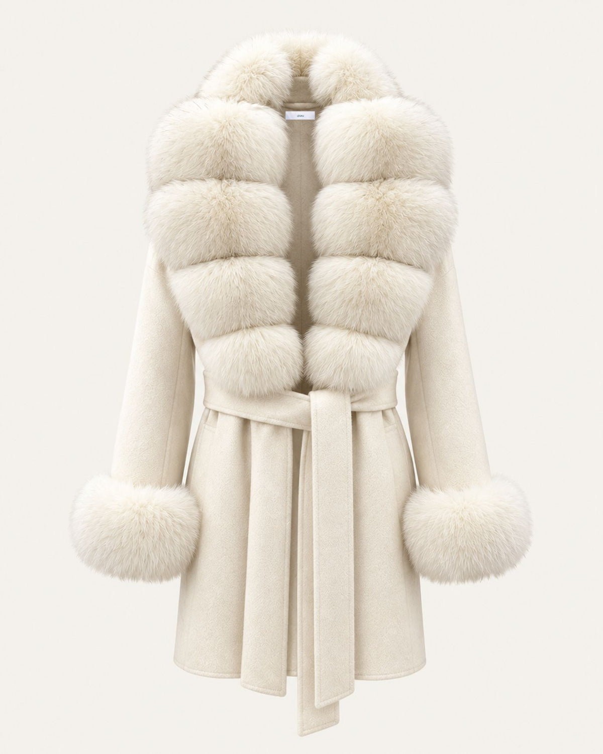 Mira Belted Mid-Length Wool Coat with Fox Fur Collar