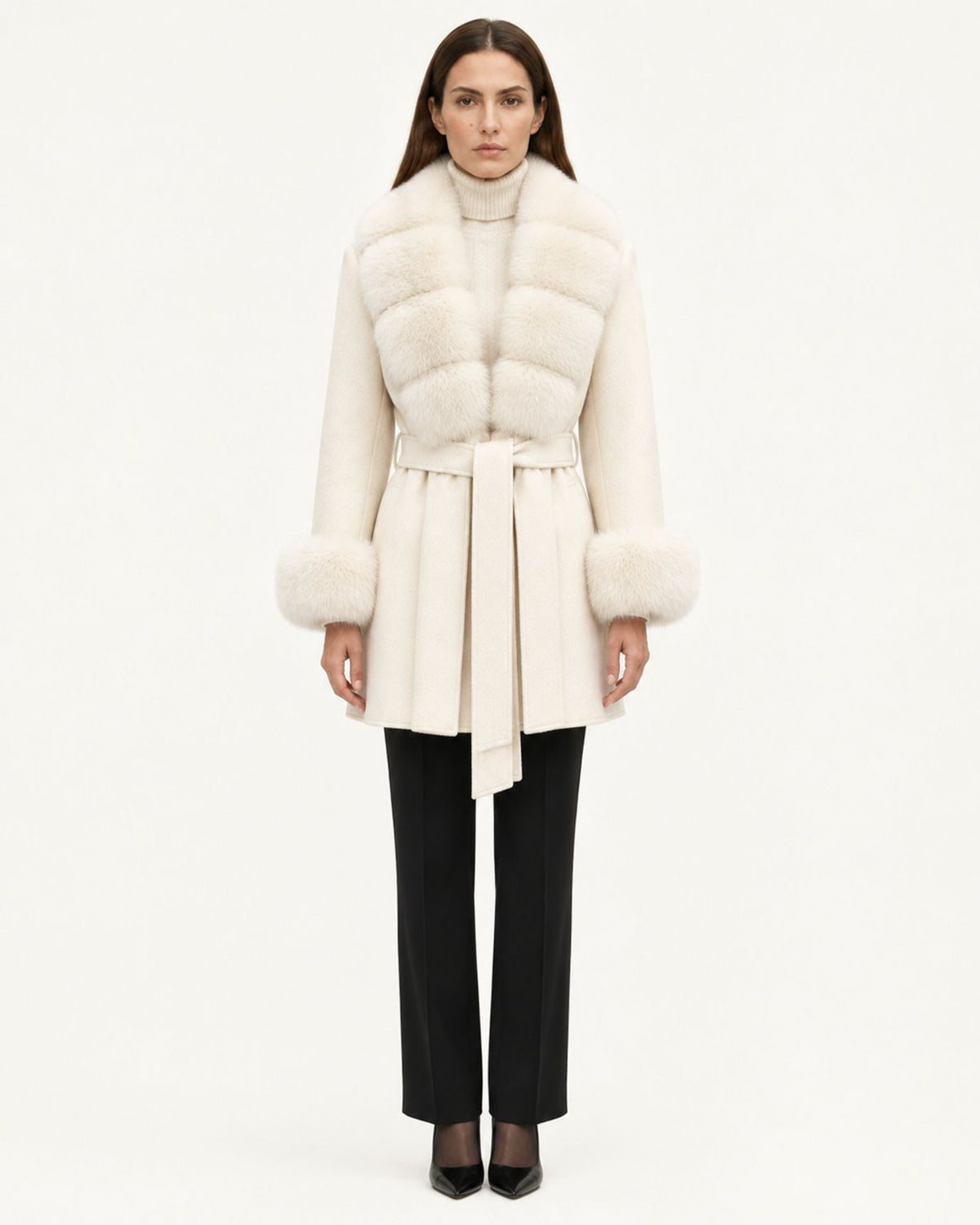 Mira Belted Mid-Length Wool Coat with Fox Fur Collar