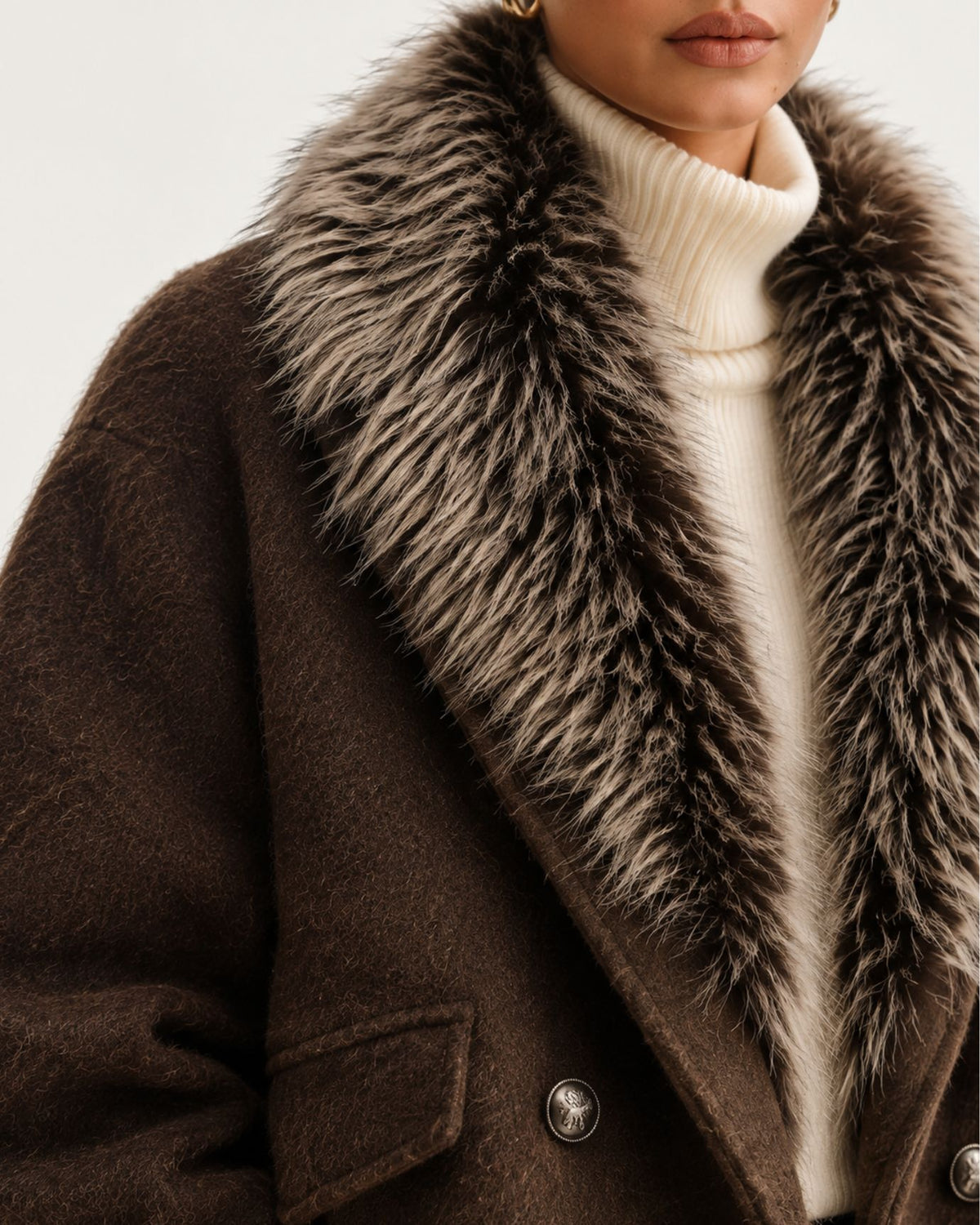 Wool Goose Down Coat with Natural Raccoon Fur Collar