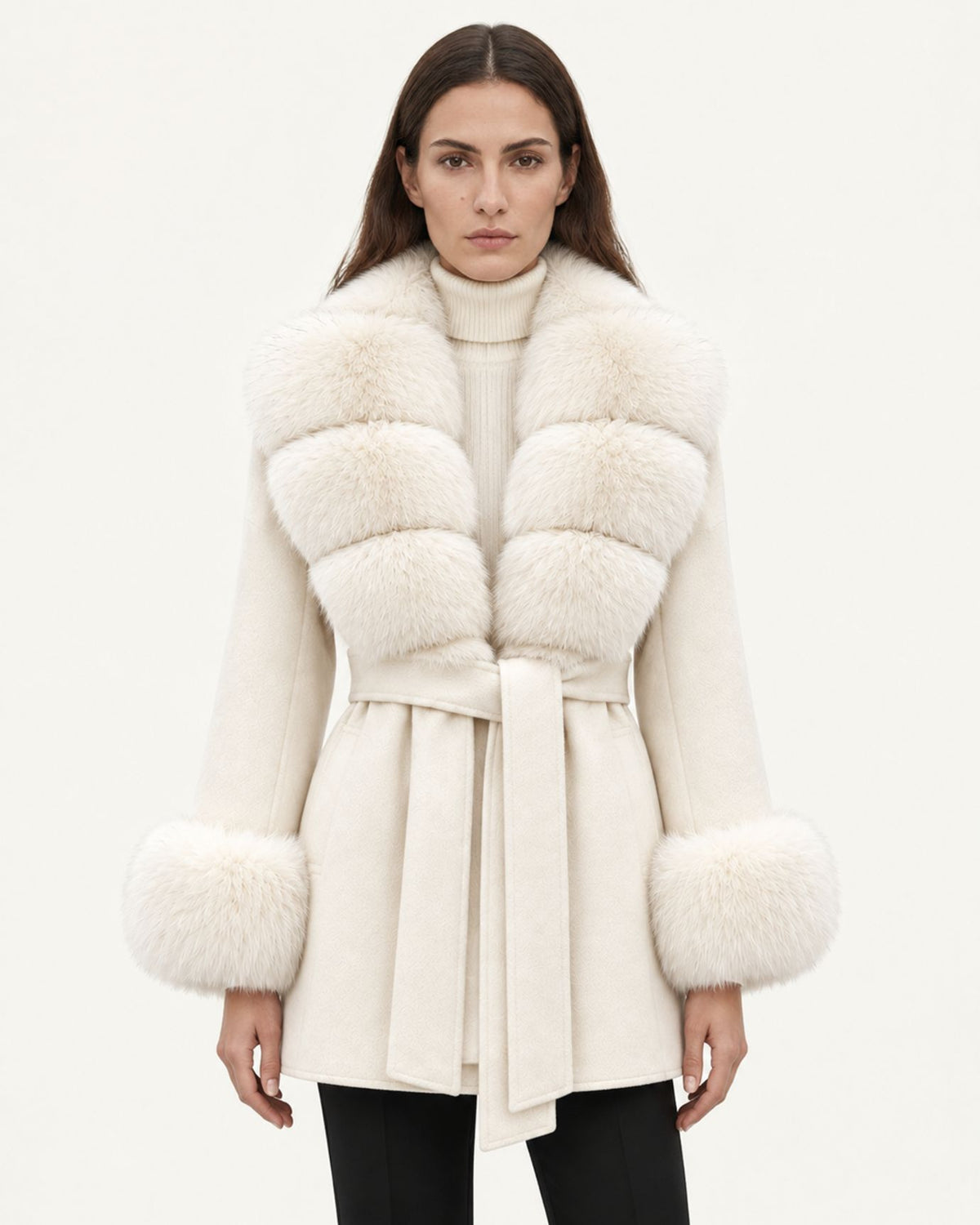 Mira Belted Mid-Length Wool Coat with Fox Fur Collar