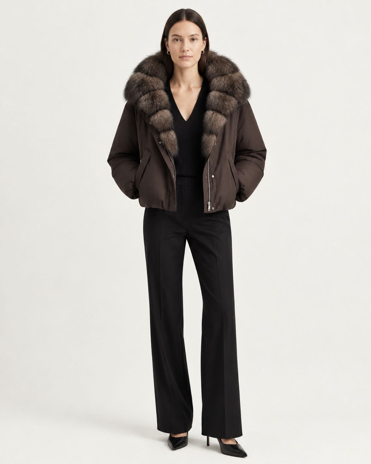 Relaxed-Fit Down Coat with Natural Fox Fur Collar