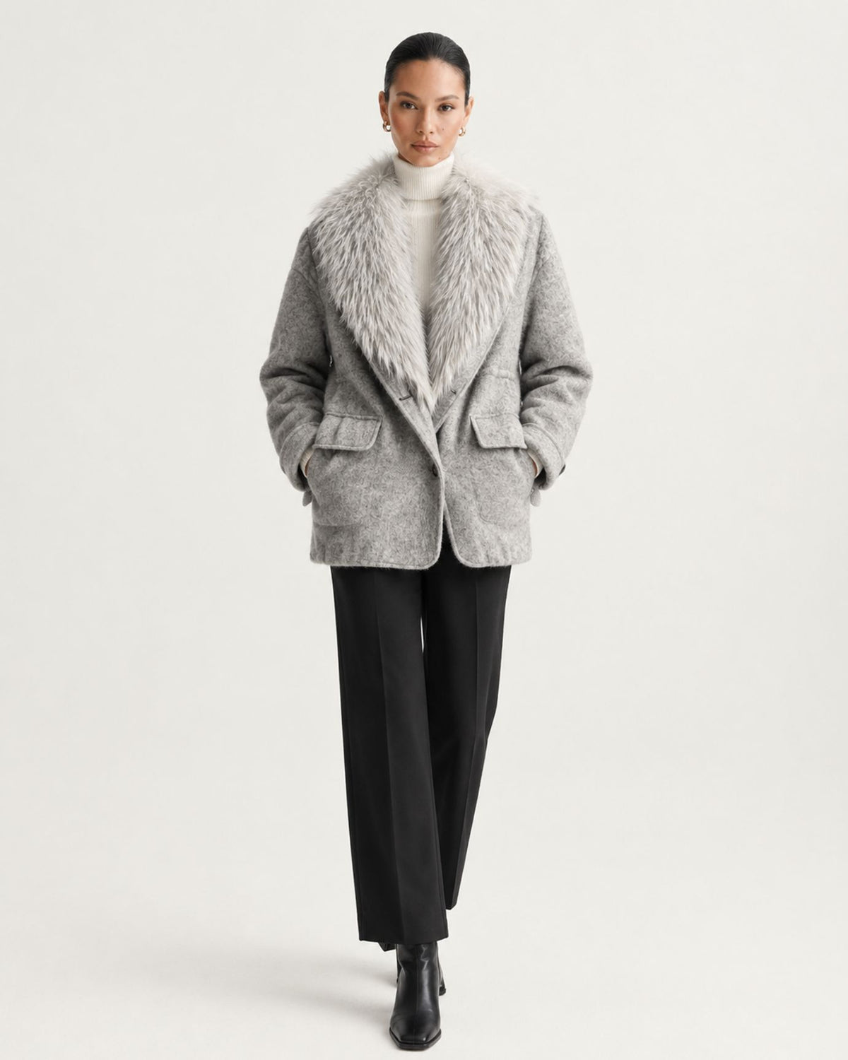 Wool Goose Down Coat with Natural Raccoon Fur Collar