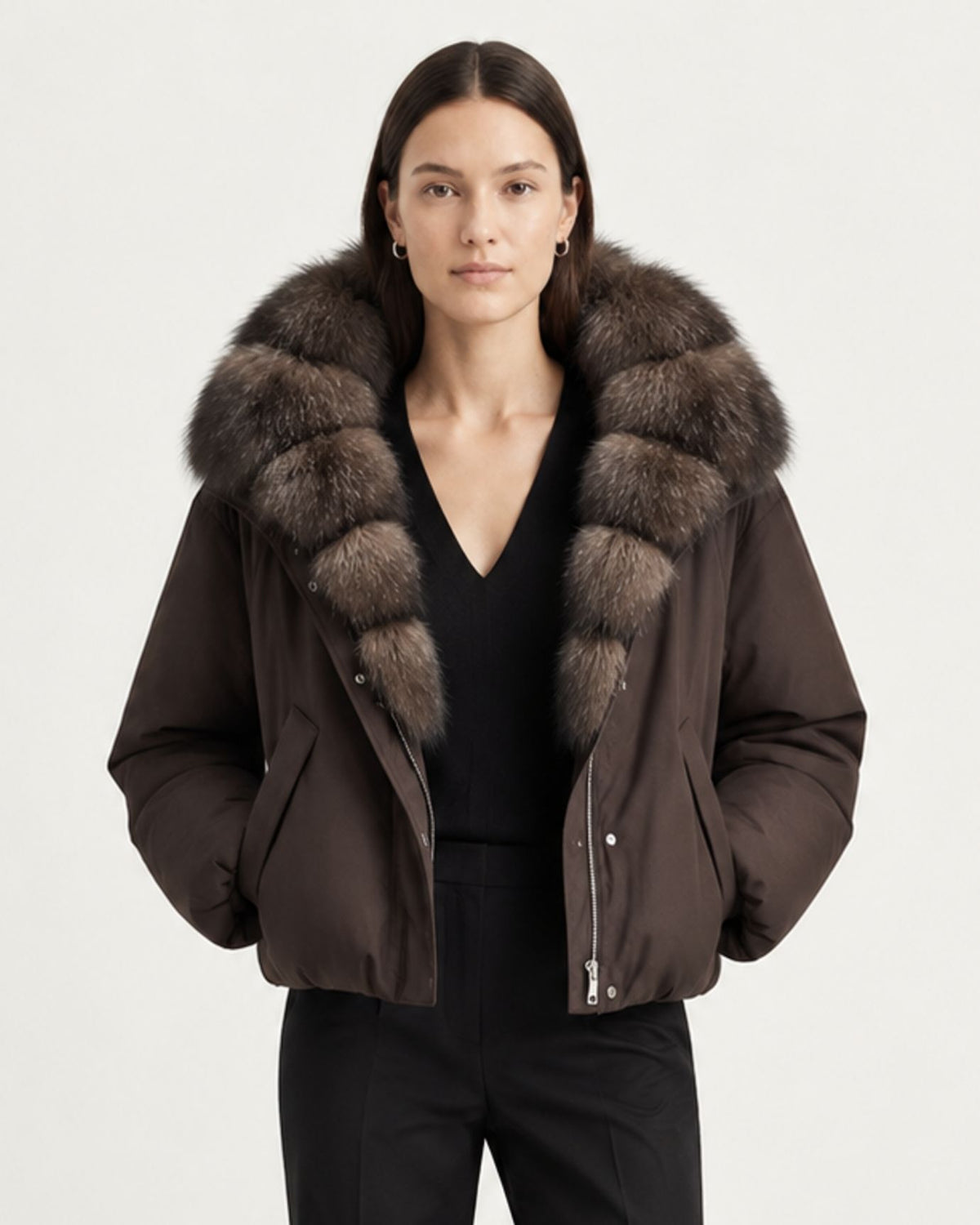 Relaxed-Fit Down Coat with Natural Fox Fur Collar