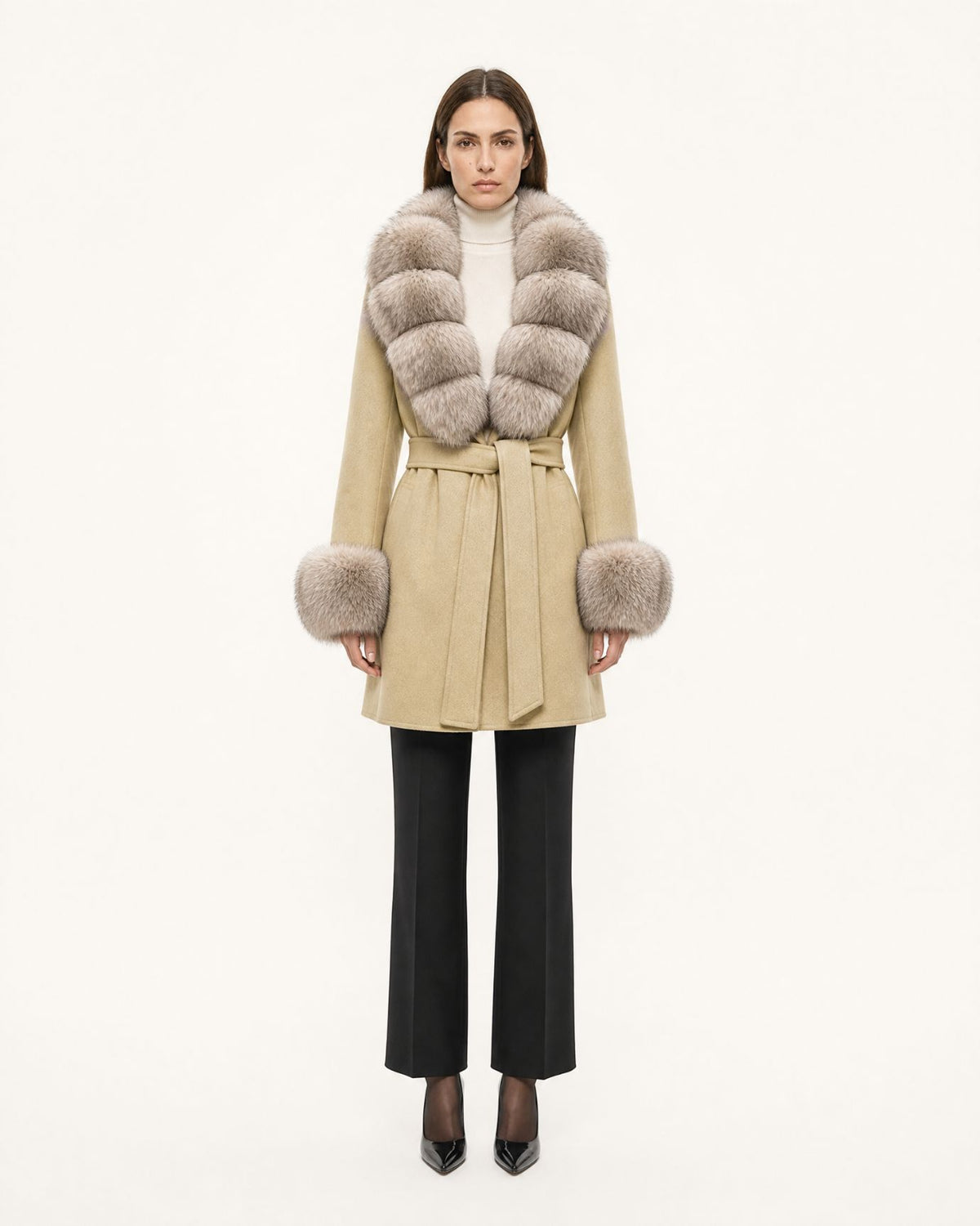 Mira Belted Mid-Length Wool Coat with Fox Fur Collar
