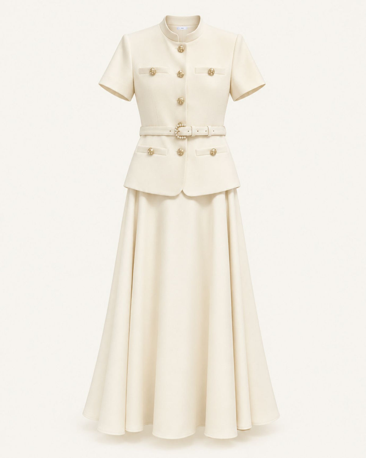 Off White Cinched-Waist Short-Sleeve Top and Long Skirt Set