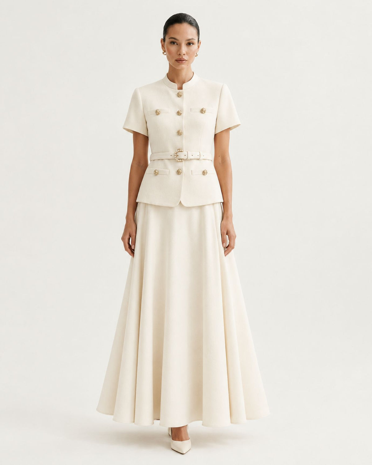 Off White Cinched-Waist Short-Sleeve Top and Long Skirt Set