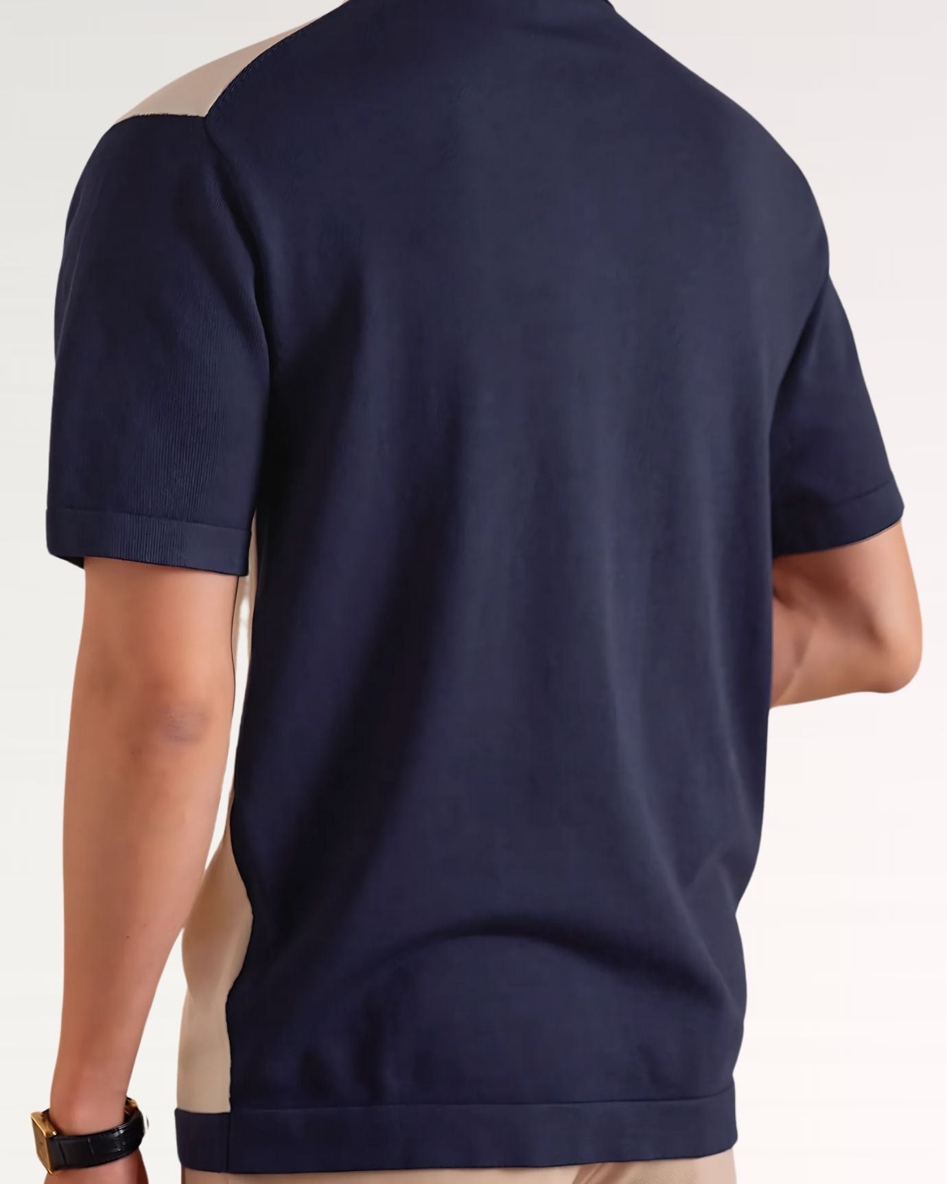 Close-up of knitted fabric and polo collar on Tibetan shirt