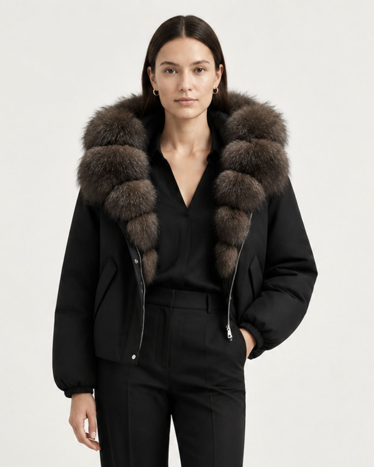 Relaxed-Fit Down Coat with Natural Fox Fur Collar