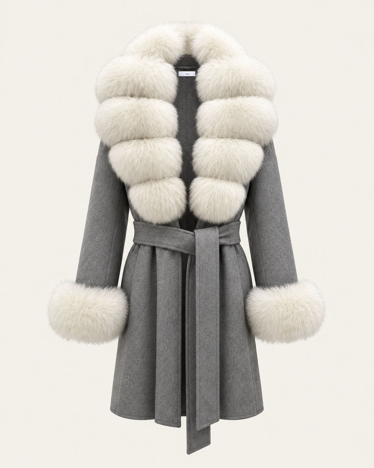 Mira Belted Mid-Length Wool Coat with Fox Fur Collar