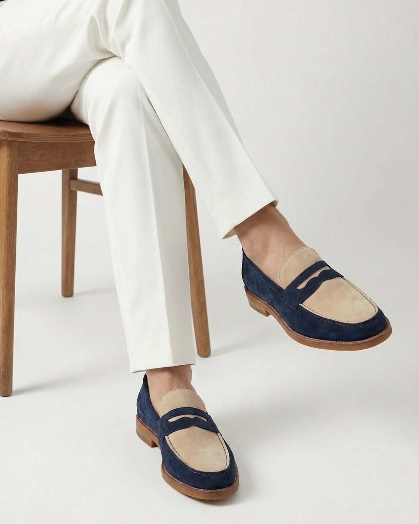 Paris Vintage Khaki Blue Loafers Handmade Genuine Leather