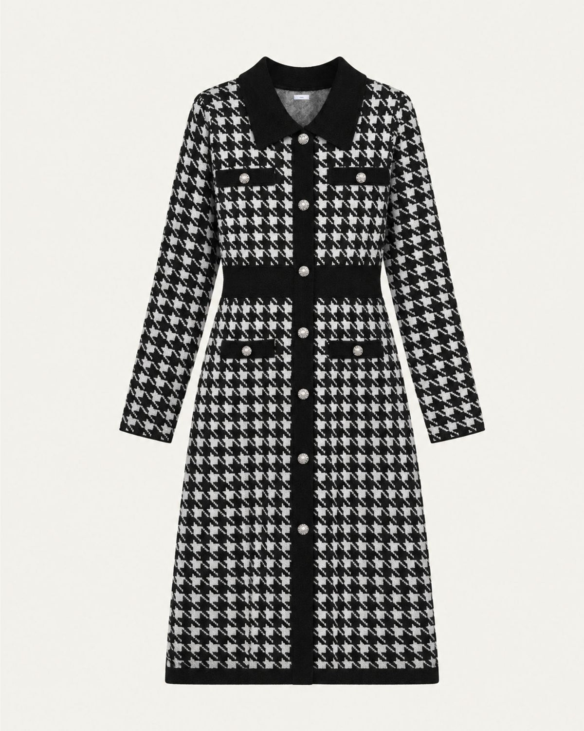 Divina Houndstooth Long-Sleeve A-Line Dress