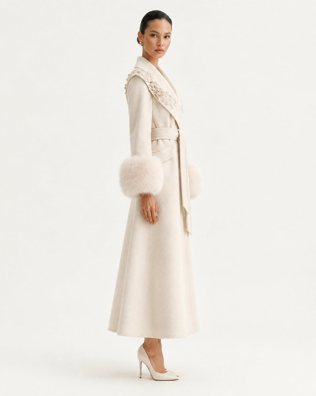 Hamptons Fox Fur Collar Embellished Wool Cashmere Coat