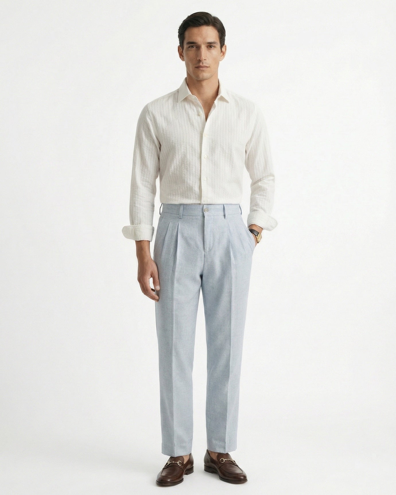 Linen Blend Light Blue Trousers Herringbone Double Pleated