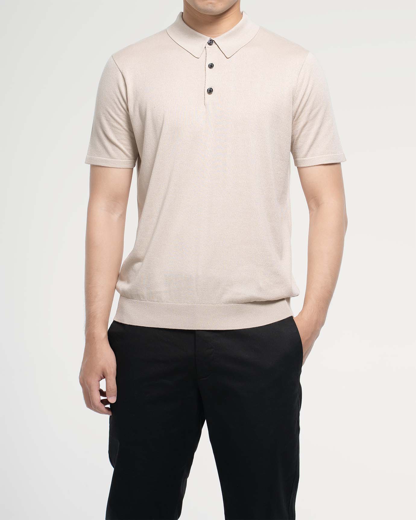 Front view of light beige mulberry silk cashmere polo.
