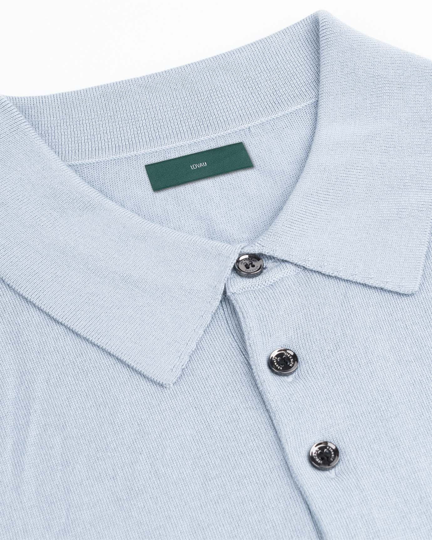 Mulberry silk cashmere short-sleeve polo in cloud blue with subtle sheen